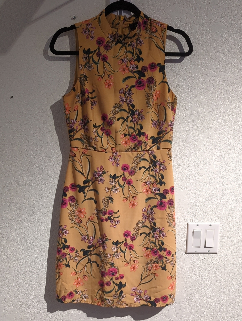 Aakaa Mustard Floral Mock-Neck Sleeveless Mini Dress